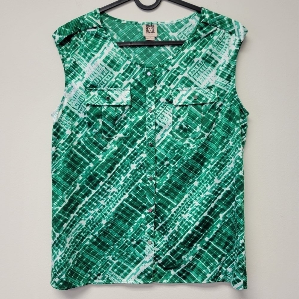Anne Klein Blouse Green White S - Picture 6 of 6